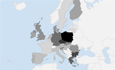 Polska, jako czarna plama w Unii Europejskiej. Mapa przedstawia zużycie węgla jako glównego paliwa energetycznego w krajach Unii Europejskiej. Im ciemniejszy odcień szarości, tym wyższe zużycie węgla. Polska przy 54% zużywa go najwięcej w całej Unii. Źródło: Carbon Brief, na podstawie Eurostat.